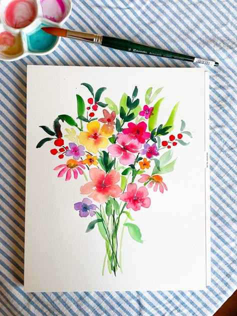 Watercolor Paintings For Beginners Flowers, Aquarelle Painting Easy, Watercolour Flowers Simple, Aquarelle Aesthetic, Aquarelle Ideas, Watercolor Flower Bouquet, Flower Bouquet Painting, Bouquet Watercolor, Food Art Painting