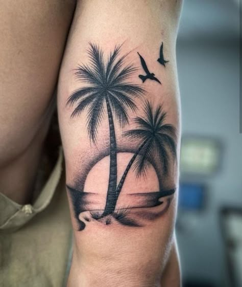 Beach Tattoo Ideas, Beachy Tattoos, Hawaii Tattoos, Palm Tattoos, Sand And Sea, Beach Tattoo, Pretty Tattoos For Women, Tatuaje A Color, Thigh Tattoos Women