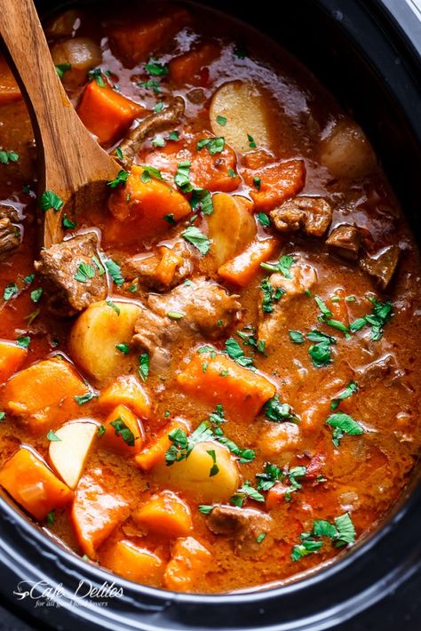 Slow Cooker Beef & Sweet Potato Stew | Cafe Delites | Bloglovin’ Steak And Potato Casserole, Beef Sweet Potato Stew, Sweet Potato Beef Stew, Casserole Slow Cooker, Easy Stew Recipes, Slow Beef Stew, Stew Crockpot, Sweet Potato Stew, Potato Stew