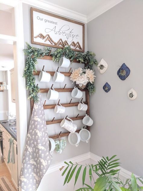 Wall Of Mugs Display, Coffee Rack Wall, Mug Hooks On Wall, Coffee Cup Collection Display, Mug Pegboard, Mug Stand Display, Diy Wall Mug Rack, Diy Mug Holder Wall, Wall Mug Rack Display