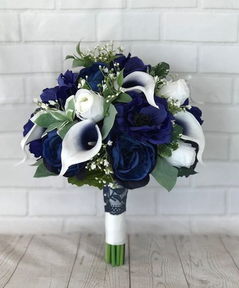 Bridal Bouquet Navy, Navy Bridal Bouquet, Blush Bouquet Wedding, Navy Wedding Flowers, Cascading Bridal Bouquets, Silk Bridal Bouquet, Calla Lily Bouquet, Rose Bridal Bouquet, Silk Wedding Bouquets