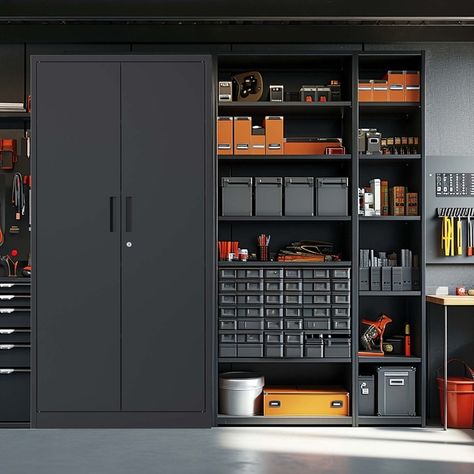 This Heavy Metal Garage Storage Cabinet, crafted from 100% cold-rolled steel for unparalleled strength and durability. Garage Built Ins, Cabinets For Garage, Locking Cabinet, Metal Garage Storage Cabinets, Garage Storage Cabinet, Tall Cabinets, Garage Storage Inspiration, Metal Garage, Under Desk Storage