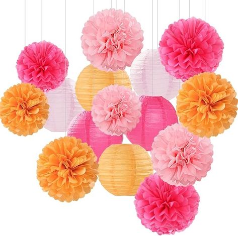 Amazon.com: Pink-Orange Party-Decorations Paper-Flowers Lanterns - 15PCS Fall Wedding Birthday Tissue Pom Poms Streamers, Boho Baby Bridal Shower Graduation Sunset Hanging Supplies Decor Hugfond : Home & Kitchen Sunset Party Decorations, Ceiling Branches, Orange Room Decor, Dreamy Background, Sunset Party, Orange Birthday, Peach Party, Tissue Pom Poms, Orange Party