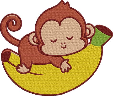 Banana Embroidery, Monkey Sleeping, Monkey Embroidery, Embroidery Cute, Cute Monkey, Animal Embroidery, Baby Monkey, Whimsical Fashion