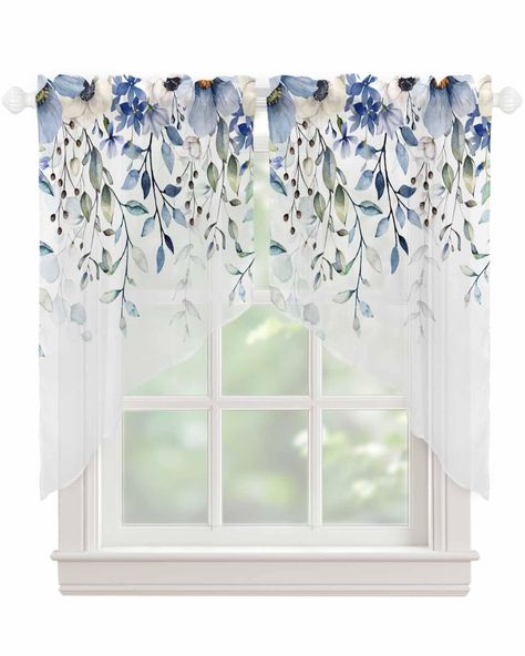 PRICES MAY VARY. Ready to Hang: 2 panels blue floral swag valances curtains per package, each valance measures 28 inch width and 36 inch length. These blue eucalyptus rod pocket swag valances for windows fit well with most of the 3 inch diameter rod pocket, easy to install no assembly tools required quick and easy to hand on, glides smoothly and does not tear easily. Premium Sheer Valances: This blue floral sheer swag window valances made of polyester voile fabric, which is lightweight and breat Blue And White Kitchen Curtains, Living Room Valance Ideas, Window Toppers Ideas Valances, Valance Curtains Living Room, Kitchen Curtains Modern, Curtains With Valance, Eucalyptus Swag, Valances For Windows, Curtain For Kitchen