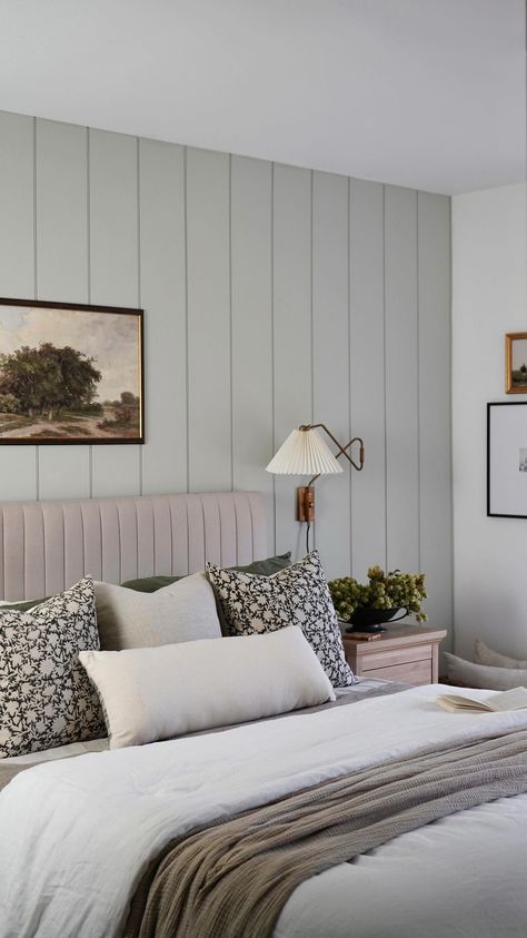 Wooden Bedroom Panelling, Floor To Ceiling Paneling Bedroom, Shiplap Paneling Bedroom, Navy Vj Panelling Bedroom, Sage Green Vj Panelling, Wall Paneling In Bedroom, Bedroom Panelling Wall Ideas, Tongue And Groove Bedroom, Bedroom Cladding