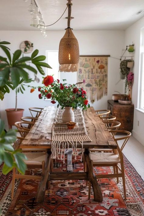 Bohemian Dining Room: Vibrant and Stylish Decor Dining Area Bohemian, Cozy Boho Dining Room, Dining Room Decor Boho, Mexican Apartment, Boho Dining Table, Bohemian Dining Room, Boho Dining Room, Unique Dining Room, House Redo