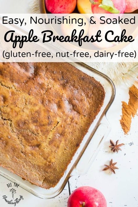 apple breakfast cake in glass pan with text overlay Apple Breakfast Cake, Sprouted Recipes, Dairy Free Breakfast, Nourishing Breakfast, Apple Breakfast, Traditional Cooking, Dairy Free Breakfasts, Thm Desserts, Healthier Options