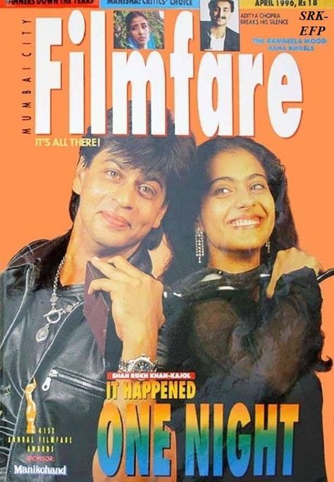 Shahrukh Khan and Kajol Devgan: April 1996 Filmfare magazine cover.-/ Shahrukh Khan et Kajol Devgan : Couverture du magazine Filmfare d'Avril 1996. https://www.facebook.com/ShahrukhKhanEuropeenFanPage Shahrukh Khan And Kajol, Srk Movies, Aditya Chopra, Bollywood Posters, Cover Boy, 90s Bollywood, Bollywood Gossip, Vintage Bollywood, Shah Rukh Khan