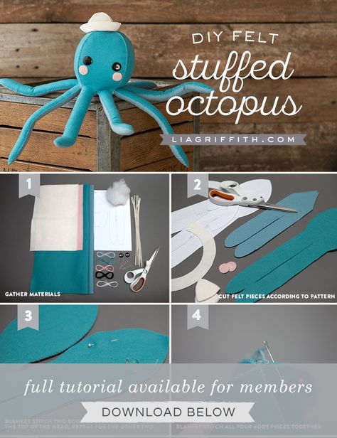 Felt Octopus Stuffie - Lia Griffith Felt Octopus, Octopus Stuffed Animal, Felt Doll Patterns, Quiet Book Templates, Bear Patterns Free, Miniature Knitting, Octopus Plush, Sock Dolls, Book Templates