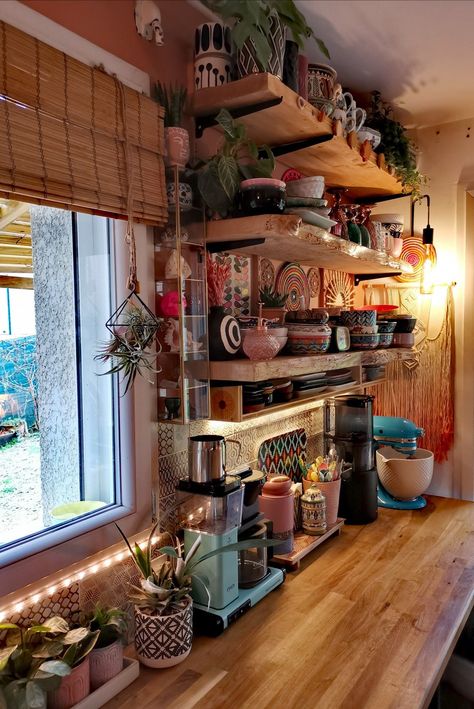 How To Industrial Decor Ideas For Your Home Kitchen Ideas Aesthetic Cozy, Boho Kitchen Makeover, Cluttered Kitchen Countertops, Warm Eclectic Home, Eclectic Apartment Kitchen, Small Witchy Kitchen, Whimsigoth Kitchen Decor, Cozy Maximalism Kitchen, Vibey Apartment Kitchen