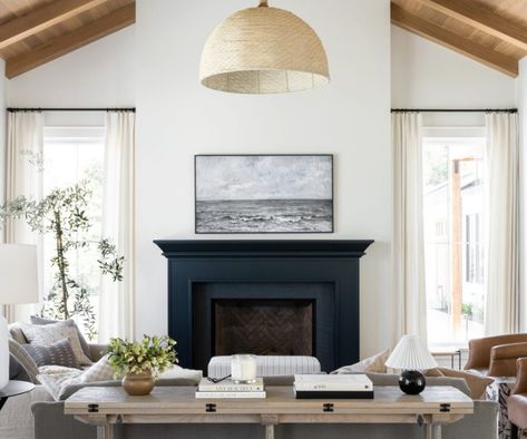 4 Bold Decisions That Paid Off in The Home on the Bay Project - Studio McGee Mcgee And Co Fireplace, Small Upstairs Hallway, Studio Mcgee Fireplace, Mountainside Retreat, Studio Mcgee Living Room, Mcgee And Co, Black Fireplace, Room Studio, Wood Beam Ceiling