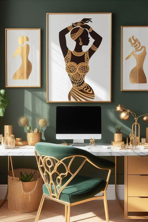 Loft Office Ideas, Rose Gold Office Decor, Cream Bedroom Ideas, Gold Office Decor, Farmhouse Vibes, African Inspired Decor, Makeup Chair, Modern Office Space, Small Home Offices