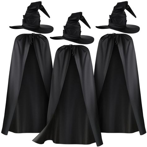 PRICES MAY VARY. Halloween Witch Costume Set: the package comes with 3 pieces of black witch hats, 3 pieces of black robe, a nice combination set to satisfy your cosplay demands One Size Fits Most: the Halloween witch hat is about 17.7 inches in outer diameter, 7.5 inches in inner diameter, the witch cloak is about 57 inches in length, one size fits most men and women to wear Quality Selection Material: the wizard hat is made of quality polyester material, soft and lightweight, reliable and serv Wizard Costume For Kids, Homemade Witch Costume, Witches Costumes For Women, Kids Witch Costume, Witch Accessories, Wizard Costume, Witch Cosplay, Cape Costume, Black Witch Hat