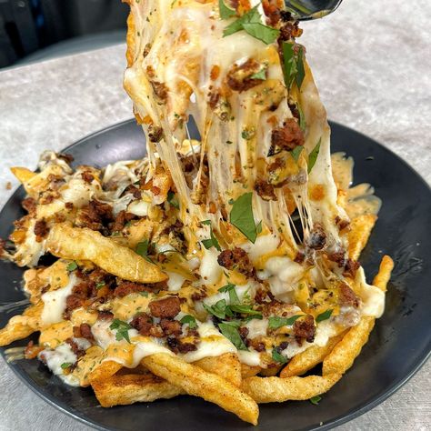 Papas con Chorizo Loaded French Fries - Recipe Champions Can Peach Pie Filling, Loaded French Fries Recipe, Loaded French Fries, Chipotle In Adobo, Josh Elkin, Beef Chorizo, Enchilada Ingredients, Oaxaca Cheese, Peach Pie Filling