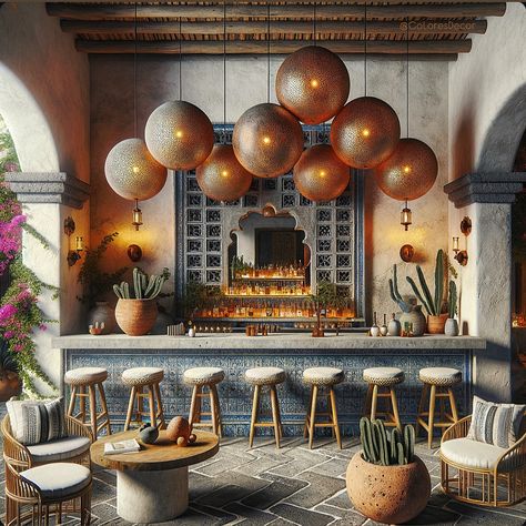 🇲🇽♥️ My @giLherrera twist of Modern Mexican Hacienda Outdoor Bar area with a Tulum/Cabo Touch DETAILS: Beautiful blue Talavera hand painted tiles, cement countertops, rattan furniture, breeze block accents, and BOLD hand hammered copper globe pendants: What do you think? At CoLores Decor Our team is constantly experimenting with textures & “WOW” styles for a UNIQUE statement design for any room…Introducing TOP 🇲🇽 MeXican Artisan Design & CATAPULTING our culture’s Talent through the vision ... Modern Mexican Cafe, Modern Mexican Restaurant Design, Mexican Bar Design, Modern Mexican Hacienda, Moroccan Bar, Luxury Dining Room Decor, Cement Countertops, Blue Talavera, Mexican Restaurant Design