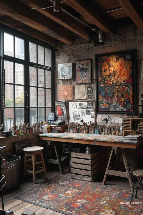 Cosy Art Studio, Art Studio Vintage, Painters Apartment, Art Studios Ideas, Conservatory Art Studio, Workshop Bedroom, Atelier Art, Modern Art Studio, Studio Art