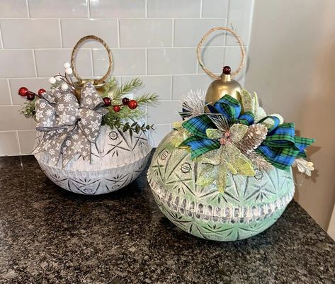 Dollar Tree Fanatics Crafts & Decor | My mom and I just made these giant ornament made mostly from Dollar Tree supplies | Facebook Dollar Tree Giant Ornaments Diy, Dollar Tree Oversized Ornaments, Dollar Tree Punch Bowl Crafts, Dollar Tree Giant Ornament, Dollar Tree Bowl Christmas Ornament, Dollar Store Bowl Ornaments, Dollar Tree Punch Bowl Ornament, Dollar Tree Bowl Ornaments, Dollar Tree Ornaments