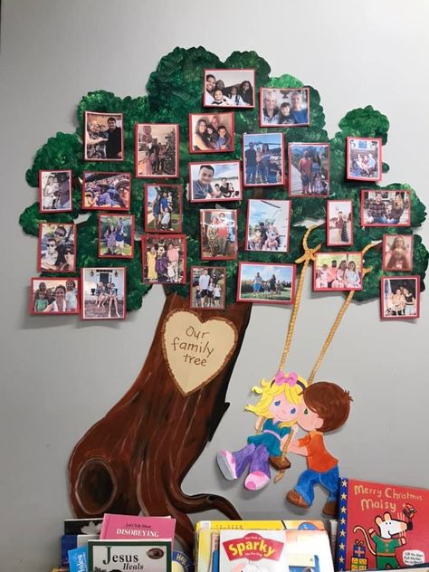 Family Tree Ideas Preschool Classroom, Family Tree Infant Classroom, Our Family Classroom Display, Family Photo Crafts Preschool, Family Tree Decorations Classroom, Infant Classroom Family Wall, Family Tree Wall Classroom Preschool Art, Family Tree Poster Ideas For School, Prek Family Tree Ideas