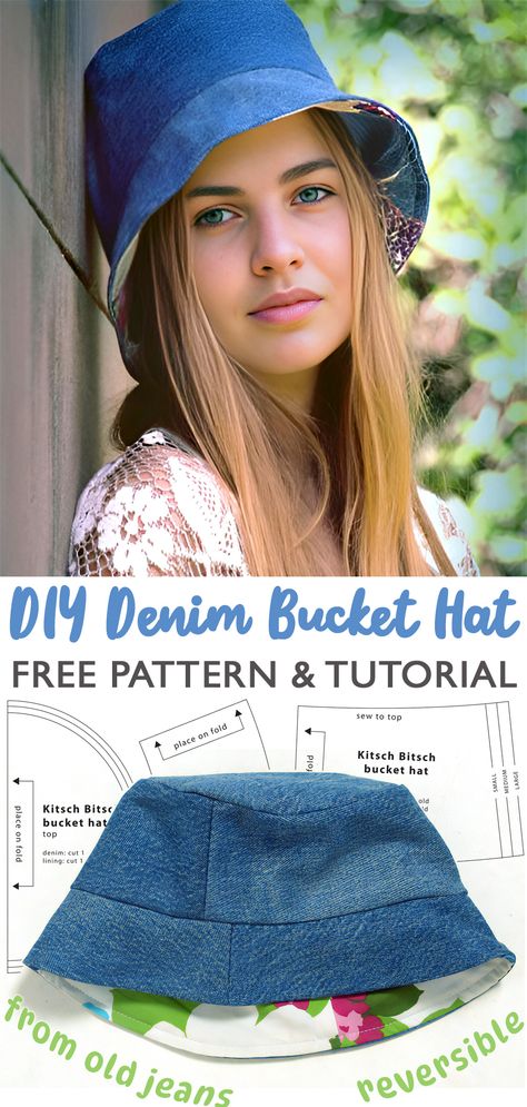 Denim Bucket Hat - Tutorial & Pattern Upcycle Hats Ideas, Diy Denim Bucket Hat Pattern, Free Hat Sewing Patterns, Diy Denim Bucket Hat, Diy Bucket Hat Free Pattern, Free Bucket Hat Sewing Pattern, Bucket Hat Design Ideas, Hat Sewing Pattern Free, Upcycled Hats