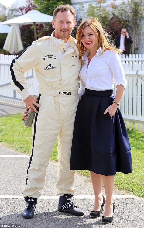 Stylish supporter: Geri Halliwell put on an effortlessly chic display in an unbuttoned white shirt and a navy midi skirt as she supported her new husband Christian Horner at The Goodwood Revival Festival on Friday Geri Horner, Navy Midi Skirt, Tweed Run, Good Wood, Geri Halliwell, Goodwood Revival, Crisp White Shirt, 60s Fashion, 50s Fashion