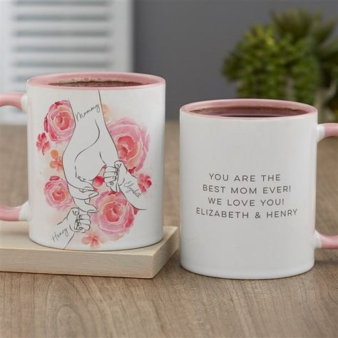 * Personalize with any title and up to 4 names  * Back side will include any 7 line message   * 11 oz. Ceramic Coffee Mug features classic mug shape and stands 3 3/4 tall * Features PINK handle, rim and inside, white outside * Microwave safe; dishwasher safe * Note: Space next to handle will remain white * Imported Her heart will be full when she drinks from our Mother's Loving Hand Personalized Coffee Mug designed exclusively for that special lady. A perfect gift for Moms and Grandmas for Mothe Personalization Mall, Lady A, Unique Mothers Day Gifts, Personalized Coffee Mugs, Mom And Grandma, Perfect Gift For Mom, Mug Designs, Mother's Day Gifts, Mother's Day