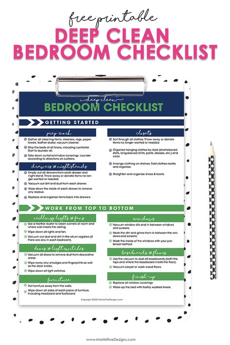 When is the last time you have cleaned behind your bed or dresser? If it's been a while it's time to do a deep clean in your bedroom! Use the free printable Deep Clean Bedroom Checklist to get every part of your bedroom clean. #cleaningchecklist #cleaningthebedroom  #deepclean #freeprintable Bedroom Cleaning List, Deep Clean Bedroom Checklist, Clean Bedroom Checklist, Deep Cleaning Bedroom, Deep Clean Bedroom, Deep Cleaning Lists, Bedroom Cleaning Checklist, Bedroom Checklist, Simplify Life