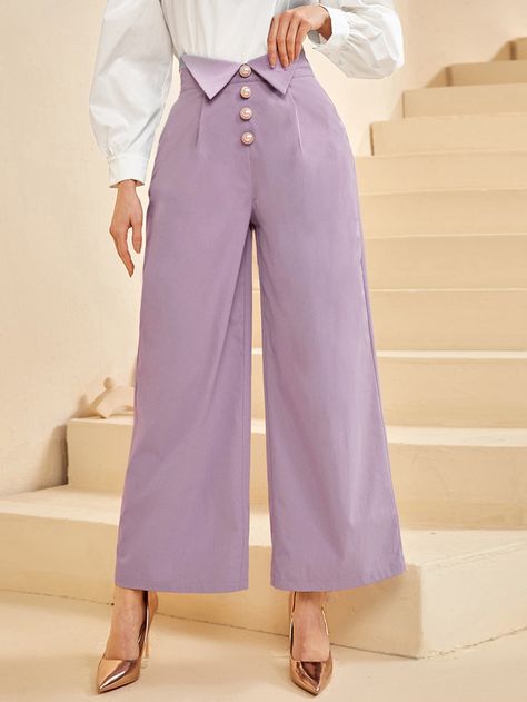 Lilac Purple Elegant   Polyester Plain Wide Leg Embellished Non-Stretch Spring/Summer/Fall Women Bottoms Tailored Clothes, Women Bottoms, Pants Women Fashion, Pants Details, Boutique Dress Designs, Cute Fit, Women Pants, Lilac Purple, Pants Design