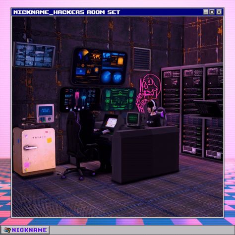 Hackers room set Sims 4 Cyberpunk Build Cc, Ts4 Cyberpunk, Give Me A Nickname, Hacker Room, Cyberpunk Room, Furniture Cc, Room Work, Die Sims 4, Sims Clothes