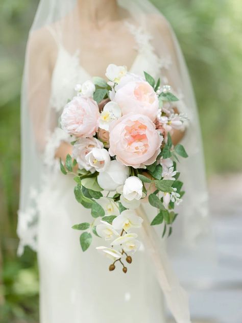 Silk Flower Wedding Bouquets from Ling's Moment Blush Theme Wedding, Classic Bridal Bouquet, Cascade Bridal Bouquet, Blush Wedding Theme, Cream Palette, Blush Bridal Bouquet, Cascading Bridal Bouquets, Blush Cream, Wedding Bouquets Pink