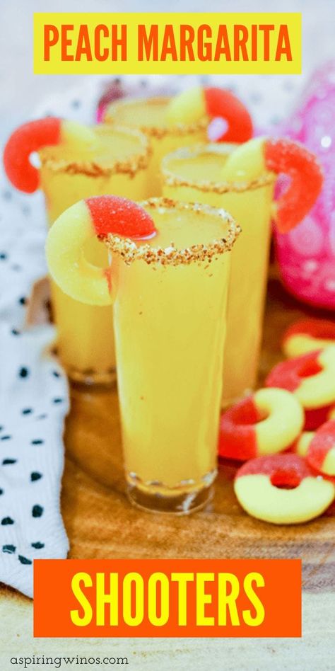 Peach Margarita Shooters | Tequila Shooters | Triple Sec Shooters | Peach Ring Gummy Shooters | Shooter Recipes | Peach Shooters #PeachMargaritaShooters #Shooters #Tequila #TripleSec #PeachShooters #ShooterRecipe Peach Ring Shot, Peach Snaps Shots, Margarita Shooters, Tequila Shooters, Margarita Shots, Tajin Recipes, Drinking With Friends, Peach Ring, Shooter Recipes