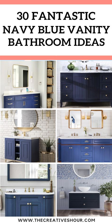 30 Navy Blue Vanity Bathroom Ideas You Will Love Bathroom Remodel With Blue Cabinets, Bathroom Paint Colors With Blue Vanity, Half Bathroom Ideas Blue Vanity, Navy Vanity Bathroom Ideas Paint, Bathroom With Blue Vanity Ideas, Bathroom Remodel Navy Vanity, Navy Blue And White Bathroom Decor Ideas, Navy Blue Vanity Bathroom Wall Color, Navy Blue Bathroom Vanity Paint Colors