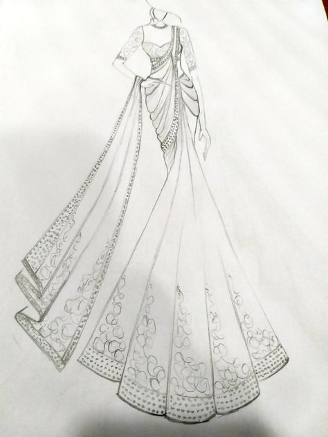 Saree sketch  By jamshed Saree Sketch, Dress Illustration Design, Digital Fashion Illustration, Fashion Design Books, Fashion Figure Drawing, Fashion Illustrations Techniques, Fashion Drawing Sketches, Fashion Drawing Tutorial, Dress Design Drawing