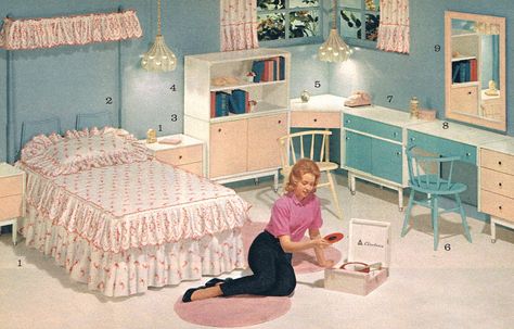 teen bedroom - 1964 1960s Bedroom, 1950s Bedroom, Sally Draper, Retro Rooms, Casa Retro, Tufted Headboards, Contemporary Bedroom Design, Vintage Homes, Mid Century Bedroom