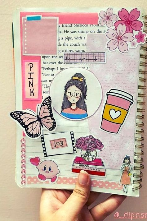 scrapbooking for doll Cute Dairy Cover Ideas, Diary Page Decoration, Diary Decoration Ideas Cover Aesthetic, Diary Decoration Ideas Art Journals, Pink Theme Journal, Art Journal Pages Ideas Creativity, Pink Journal Ideas, Easy Journal, Whimsical Crochet