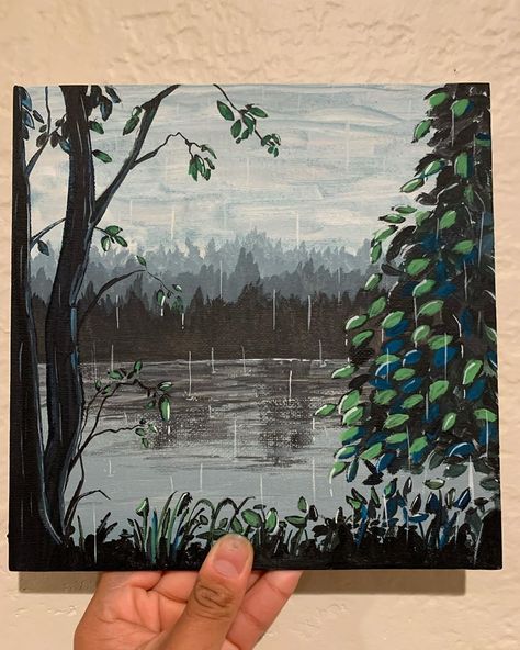 Alexandra 🦋 on Instagram: “Love this peaceful rainy painting! Thank you for YouTube tutorials! Inspired by @ruthwilshaw her paintings are so beautiful!  . . . . . . .…” Rain Landscape Painting, Painting Ideas On Canvas Rain, Rainy Landscape Paintings, How To Paint Rain, Painting Of Rain, Rainy Painting, Drawing Rain, Rainy Day Drawing, Paintings Ideas