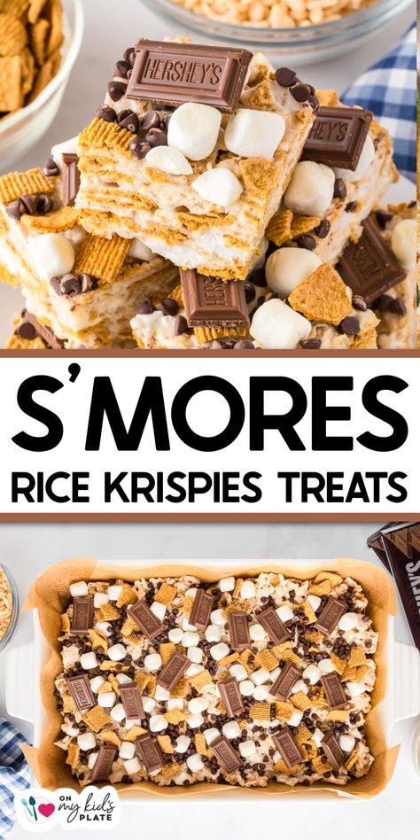 Smores Rice Krispies Treats Smores Rice Krispies, Loaded Rice Crispy Treats, Smores Rice Krispie Treats, Easy Treats To Make With Kids, Smore Rice Krispie Treats, Smores Rice Crispy Treats, Halloweenie Roast, Easy Rice Krispie Treats, The Best Rice Krispie Treats