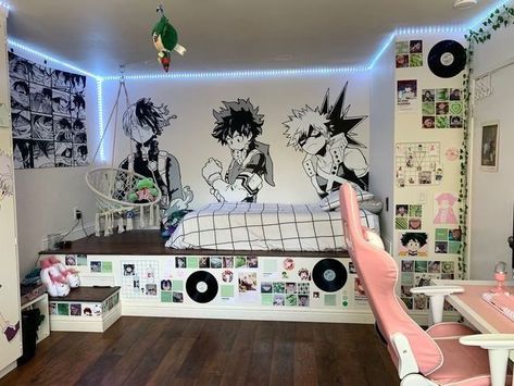 Room Anime Ideas, Manga Wall Room, Anime Themed Room, Anime Room Ideas, Anime Rooms, Anime Bedroom Ideas, Anime Bedroom, Manga Wall, Otaku Room