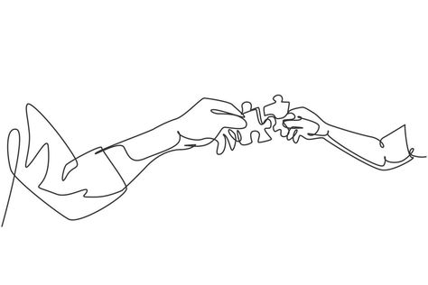 One line drawing of two hands holding puzzle pieces and want to merge together. Father or mother and son teamwork to build super family. Continuous line draw design, vector illustration graphic Two Hands Holding, Super Family, One Line Drawing, Mother And Son, Continuous Line Drawing, Hands Holding, Illustration Cartoon, Continuous Line, Line Illustration