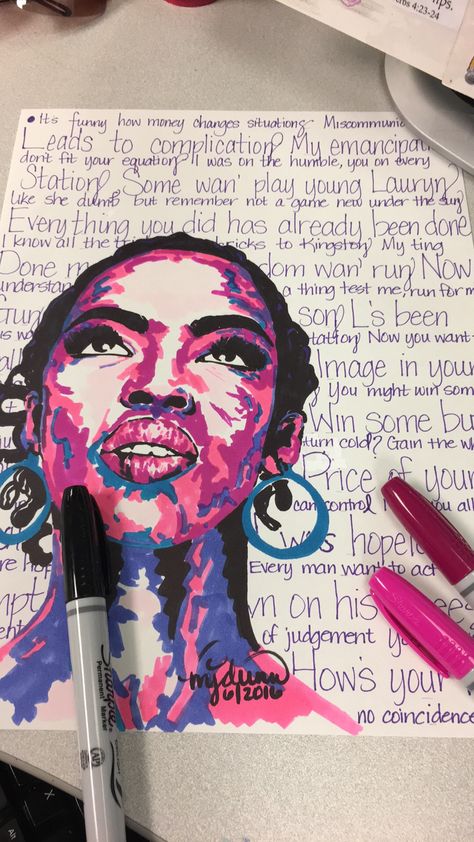 Lauryn Hill. Marker work. #flyymovements #hiphopart #bedope Lauren Hill Drawing, Lauryn Hill Drawing, Lauryn Hill Painting, Lauryn Hill Outfits, Lauryn Hill Art, Easy Graffiti Drawings, Gcse Art Sketchbook, Lauryn Hill, Animation Art Sketches