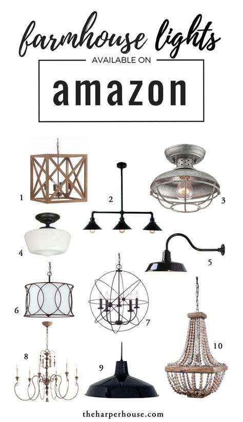 Affordable farmhouse light fixtures to help you get that Fixer Upper style! Joanna Gaines approved and available on Amazon! www.theharperhouse.com Fixer Upper Light Fixtures, Joanna Gaines Light Fixtures, Farmhouse Living Room Colors, Farmhouse Style Lighting Fixtures, Affordable Farmhouse Decor, Affordable Farmhouse, Farmhouse Style Lighting, Farmhouse Light, House Lights