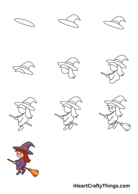 How To Draw A Witch Easy, Halloween Drawings Easy Step By Step, How To Draw A Witch On A Broom, Witch Doodles Easy, How To Draw A Witch Step By Step, Halloween How To Draw, Step By Step Halloween Drawing, Draw Halloween Art Easy, Simple Witch Drawing