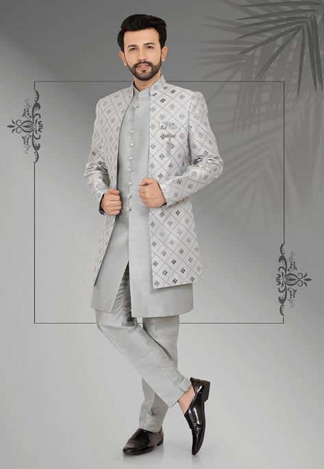 Embroidered Art Silk Sherwani in Light Grey : MYV991 Grey Sherwani For Men, Grey Sherwani, Kurta Set With Jacket, Mens Activewear Fashion, Indian Wedding Suits Men, Suit For Men Wedding, Indian Wedding Clothes For Men, Sherwani For Men Wedding, Wedding Kurta For Men