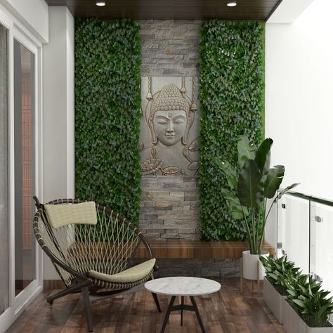 Balcony With Green Planter Wall And Buddha Design Modern Balcony Design, Buddha Wall Decor, Vertikal Garden, Wooden Ceiling Design, Beautiful Balcony, Drawing Room Decor, Balcony Design Ideas, Balcony Flooring, House Balcony