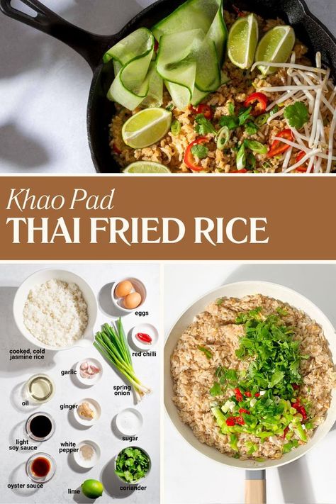 Khao pad in a black frying pan with cucumber ribbons and lime wedges. Thai Rice Recipes, Khao Pad, Thai Recipes Authentic, Fried Rice Dishes, Thai Fried Rice, Fried Rice With Egg, Laos Food, Pad Thai Recipe, Cooking Dishes