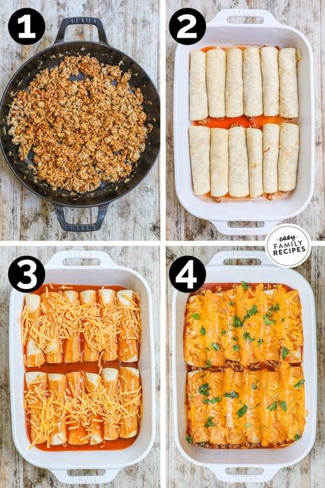 These Ground Turkey Enchiladas are both delicious and easy to make, making them perfect for a family-friendly weeknight meal. This recipe features all the classic flavors of beef enchiladas but with the added bonus of being made with seasoned ground turkey for a lighter twist. This turkey enchiladas recipe is perfect for any occasion - from feeding a crowd to a quick, easy weeknight dinner. Save some for later and make a double batch to freeze for a convenient, ready-to-bake dinner option. Turkey Enchilada Casserole, Seasoned Ground Turkey, Ground Turkey Enchiladas, Bake Dinner, Ground Turkey Recipes Easy, Asian Steak Bites, Quick Family Dinners, Turkey Enchiladas, Turkey Meat Recipes