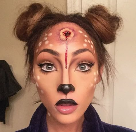 Zombie Deer Costume, Halloween Makeup Only Costume, Diy Deer Halloween Costumes For Women, Deer Nose Makeup, Halloween Makeup And Hair, Bambi Halloween Makeup, Fawn Makeup Deer, Halloween Makeup Deer, Cute Animal Makeup