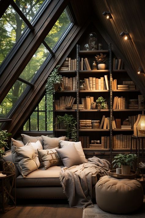 Library Room High Ceiling, Cottage Core Home Library, Library Cozy Aesthetic, Walk In Library, Two Story Library Room, Cozy Library Nook, Dream Home Library Cozy, Cozy Bookworm Bedroom, Old House Library