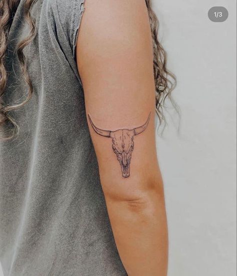 Cow Skull Tattoo Back Of Arm, Bull Skull Tattoo Back Of Arm, Longhorn Tattoo Back Of Arm, Long Horn Tattoo Outline, Small Cow Skull Tattoo For Women, Long Horn Tattoo Small, Longhorn Tattoos For Women, Bull Horn Tattoo Women, Cattle Tattoos For Women