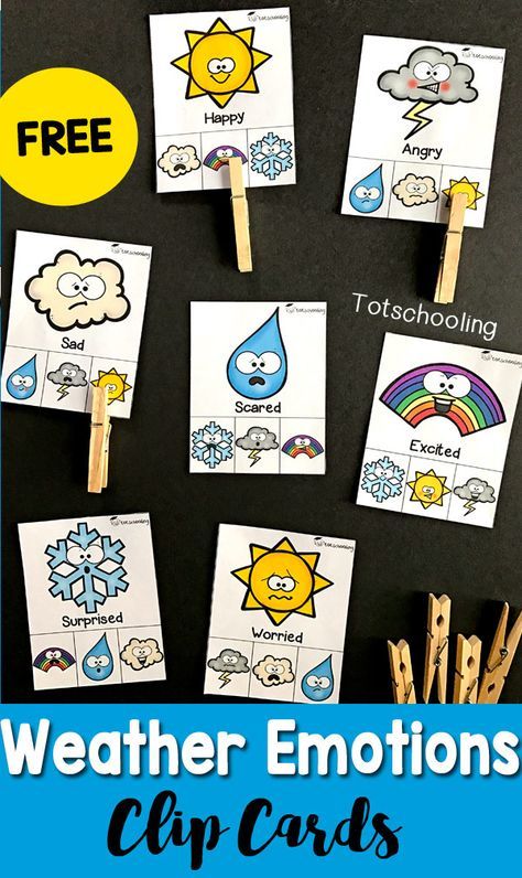 FREE printable Emotions activity with a Weather theme! Great for toddlers and preschoolers to learn about feelings, weather and build fine motor skills by clipping the cards with clothespins. Weather Seasons Preschool, Fine Motor Weather Activities Preschool, Rainy Preschool Activities, Weather Counting Preschool, Free Weather Printables Preschool, Weather Preschool Activities, Clip Cards Free Printable, Preschool Weather Activities, Feelings Preschool